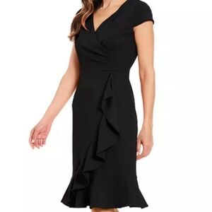 NWT London Times Cascade Ruffle Faux-Wrap Dress Size 10 In Navy